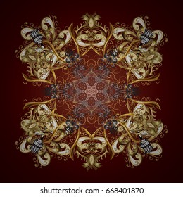 Vector on brown background. Winter background with golden snowflakes and dots.
