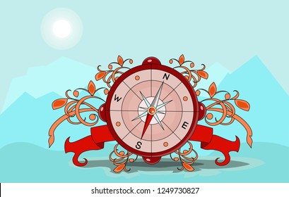 Сompass vector  on a colored background. Mountains on the horizon.
