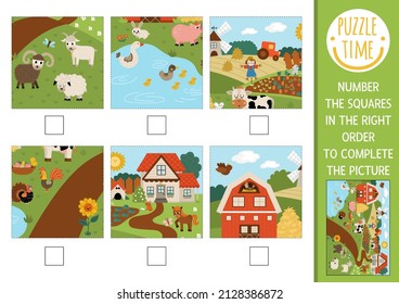 Vector on the farm activity. Garden complete the picture logic game with farm landscape. Fun printable worksheet for kids. Find right piece of the puzzle. Number squares in the right order
