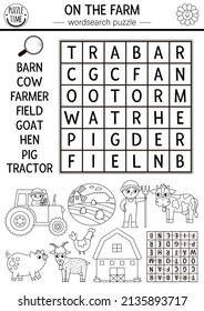 Vector on the farm black and white word search puzzle for kids. Simple farm word search line quiz. Country activity with cow, farmer, tractor, barn. Rural village cross word coloring page
