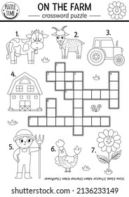 Vector on the farm black and white crossword puzzle for kids. Simple farm line quiz for children. Country educational activity with cow, farmer, tractor, barn. Rural village cross word coloring page
