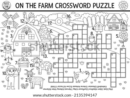 Vector on the farm black and white crossword puzzle for kids. Simple farm line quiz with rural country landscape. Educational activity with cow, farmer, barn. Cute cross word coloring page
