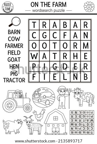 Vector on the farm black and white word search puzzle for kids. Simple farm word search line quiz. Country activity with cow, farmer, tractor, barn. Rural village cross word coloring page
