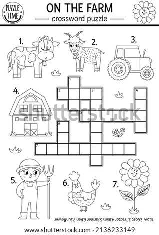 Vector on the farm black and white crossword puzzle for kids. Simple farm line quiz for children. Country educational activity with cow, farmer, tractor, barn. Rural village cross word coloring page

