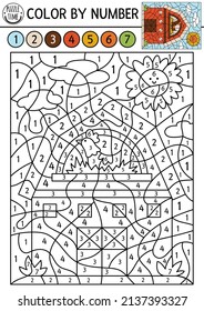 Vector on the farm color by number activity with red barn. Rural country scene black and white counting game with farm house. Coloring page for kids with countryside scene with shed
