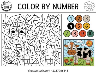 Vector on the farm color by number activity with cow in the meadow. Rural country scene black and white counting game with farm animal. Coloring page for kids with countryside scene
