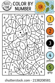 Vector on the farm color by number activity with sundlower. Rural country scene black and white counting game with cute yellow sun flower. Coloring page for kids with countryside scene
