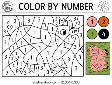 Vector on the farm color by number activity with pig. Rural country scene black and white counting game with farm animal. Funny simple coloring page for kids with countryside scene
