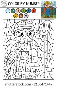 Vector on the farm color by number activity with farmer in the meadow. Rural country scene black and white counting game with farm worker. Coloring page for kids with countryside scene
