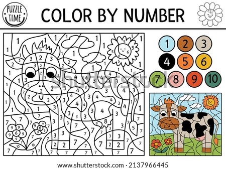 Vector on the farm color by number activity with cow in the meadow. Rural country scene black and white counting game with farm animal. Coloring page for kids with countryside scene
