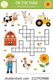 Vector on the farm crossword puzzle for kids. Simple farm quiz for children. Country educational activity with cow, farmer, tractor, barn. Rural village cross word with traditional symbols
