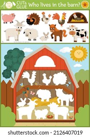 Vector on the farm cut and glue activity. Crafting game with cute farm animals and birds in the barn. Fun printable worksheet. Find right piece of puzzle. Complete the picture. Who is missing game