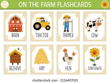 Vector on the farm flash cards set. English language game with cute barn, tractor, farmer for kids. Rural countryside flashcards with animals. Simple educational printable worksheet.
