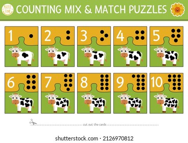 Vector on the farm mix and match puzzle with cute cow and spots. Matching math activity for preschool children. Educational printable counting match up game for kids with farm animal
