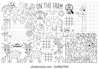 Vector on the farm placemat for kids. Country farm printable activity mat with maze, tic tac toe charts, connect the dots, find difference. Farmhouse black and white play mat or coloring page
