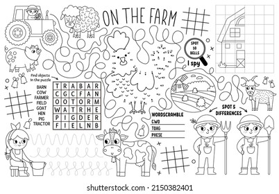 Vector on the farm placemat for kids. Country farm printable activity mat with maze, tic tac toe charts, connect the dots, find difference. Farmhouse black and white play mat or coloring page
