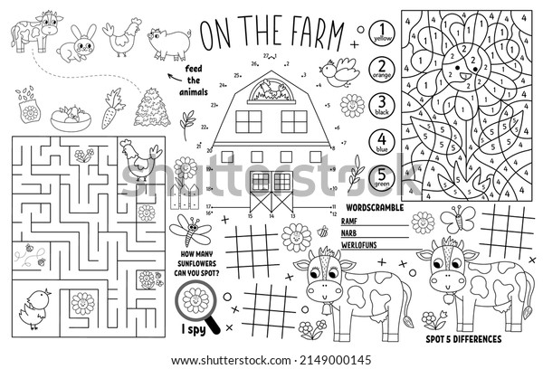 Vector on the farm placemat for kids. Country farm\
printable activity mat with maze, tic tac toe charts, connect the\
dots, find difference. Farmhouse black and white play mat or\
coloring page\
