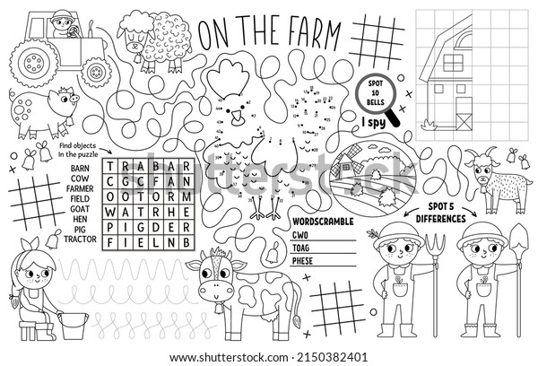 Vector on the farm placemat for kids. Country farm
printable activity mat with maze, tic tac toe charts, connect the
dots, find difference. Farmhouse black and white play mat or
coloring page
