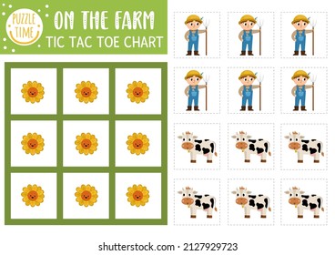 Vector on the farm tic tac toe chart with farmer and cow. Farm board game playing field with cute characters. Funny rural village printable worksheet. Noughts and crosses grid 
