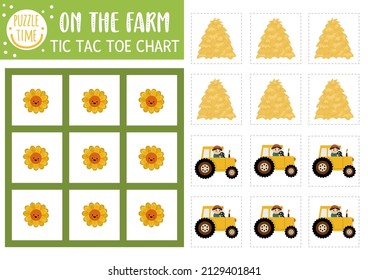 Vector on the farm tic tac toe chart with farmer on tractor and hay stack. Farm board game playing field with cute character. Funny rural village printable worksheet. Noughts and crosses grid 
