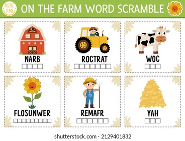 Vector on the farm word scramble activity page. English language game with barn, tractor, farmer for kids. Rural countryside family quiz with sunflower, cow. Educational printable worksheet.
