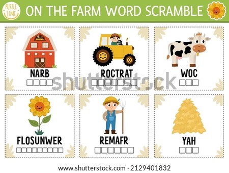 Vector on the farm word scramble activity page. English language game with barn, tractor, farmer for kids. Rural countryside family quiz with sunflower, cow. Educational printable worksheet.
