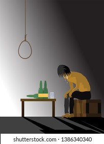 Vector on illustration a sad man cry and think to suicide by a rope.