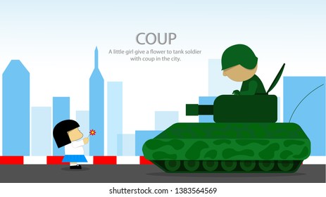 Vector on illustrator : A little girl give a flower to tank soldier with coup in the city.
