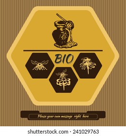 Vector, on a light background pot of honey with three brown honeycomb, in the cells depicted flying bee flower with bee