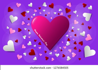 Vector on love theme showing one pink heart in the center of the vector with many small hearts around.  All is on a purple  background. 