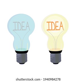 vector on and off glass bulb with a filament in the form of an word idea. creative status