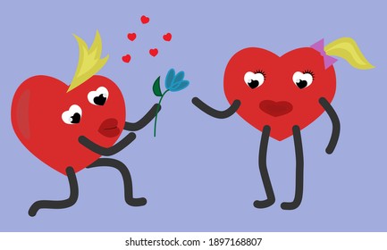 
Vector on a purple background two red hearts with eyes for Valentine's Day.