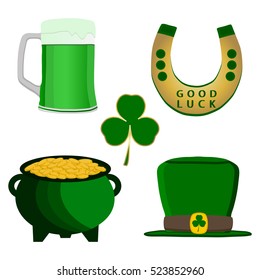 Vector on theme big colored set different types shamrock clover to Patrick day. Shamrock clover pattern consisting of collection accessory holiday Patrick day. Shamrock clover on celebrate Patrick day