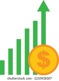 Vector On Transparent Background Of Graph Of Green Bars With Currency And Dollar Symbol. Increase In Prices, Taxes. Monetary Gains. Value Of A Currency. Bank Savings.