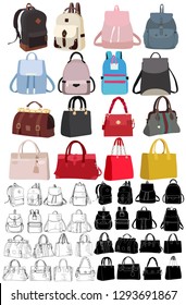 vector, on white background, bag and backpack fashionable women, set