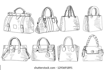 vector, on white background, bag, fashionable female sketch, set