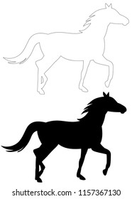 vector, on white background, black silhouette of running horse