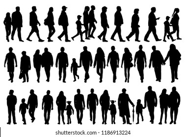 Vector, On White Background, Black Silhouette Set Of Walking People