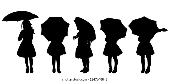 vector, on white background, black silhouette of a child girl with an umbrella, set, collection