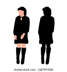 vector, on a white background, black silhouette girl in a dress standing