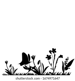 vector, on a white background, black silhouette of grass, plants and flowers