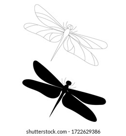 vector, on a white background, black silhouette of a dragonfly, insect, contour