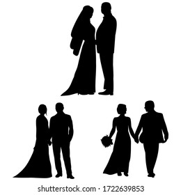 vector, on a white background, black silhouette of a bride and groom, set