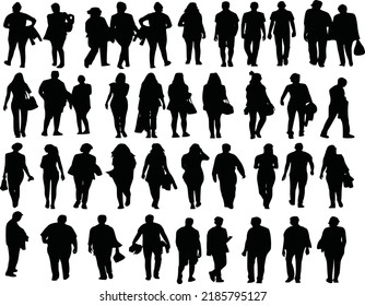 vector, on a white background, black silhouette set of people walking. People walking silhouette vector collection