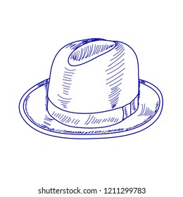 vector, on a white background, blue sketch of a fashionable men's hat