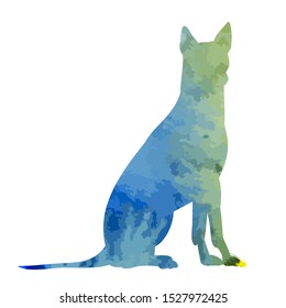 vector, on a white background, blue watercolor silhouette of a dog sitting