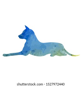 vector, on a white background, blue watercolor silhouette of a dog lies