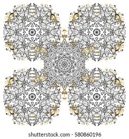 Vector on white background for Christmas. Decorative white snowflakes pattern. Golden design with doodles and golden elements.