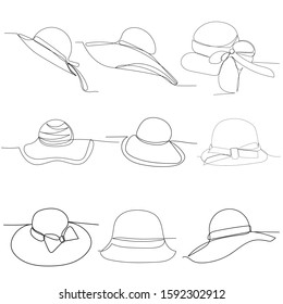vector, on a white background, continuous line drawing, female hat, set
