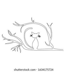 vector, on a white background, continuous line drawing, cat on a branch